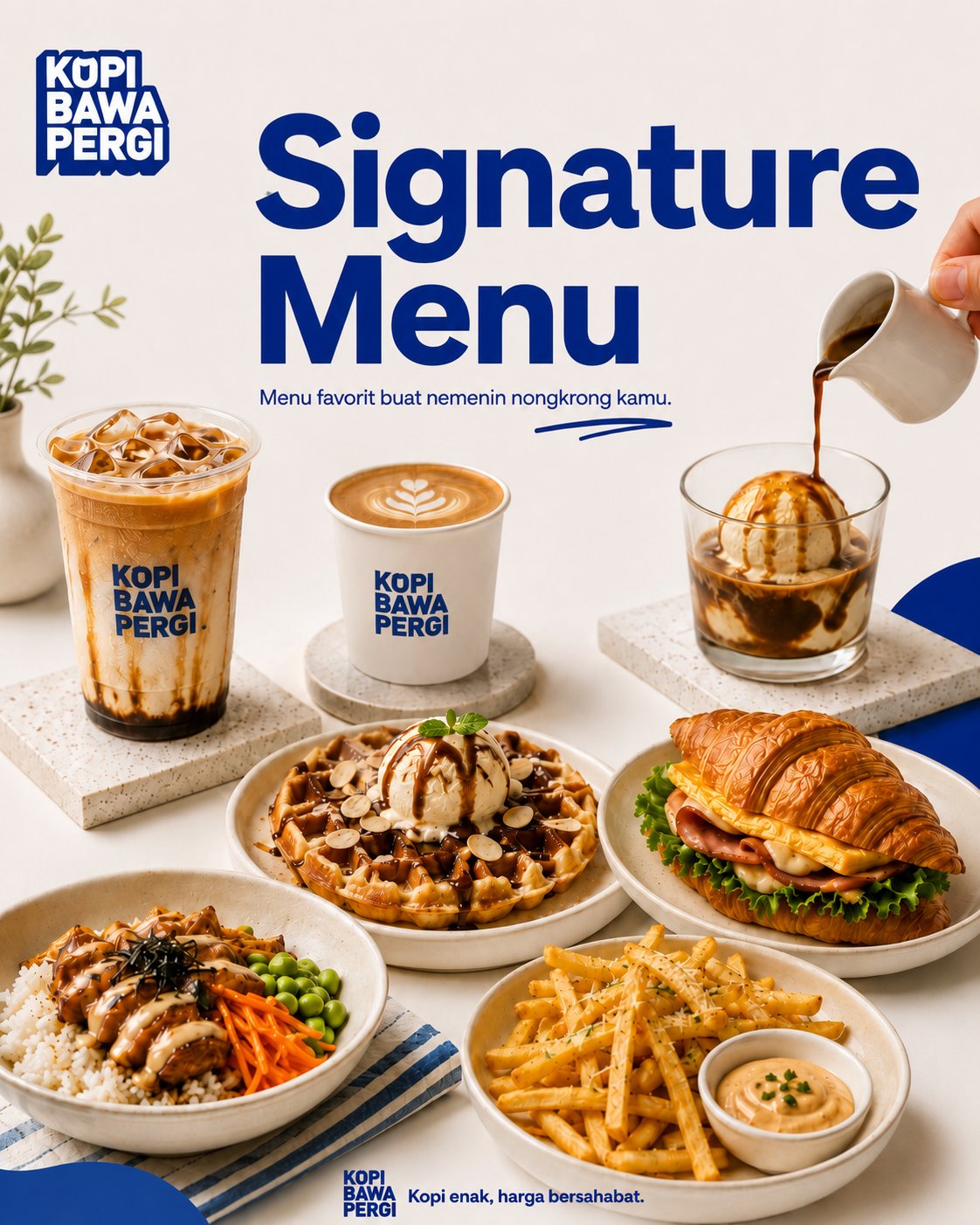 Signature Menu Collection Kopi Bawa Pergi - Koleksi menu kopi, waffle, croissant, rice bowl, dan truffle fries