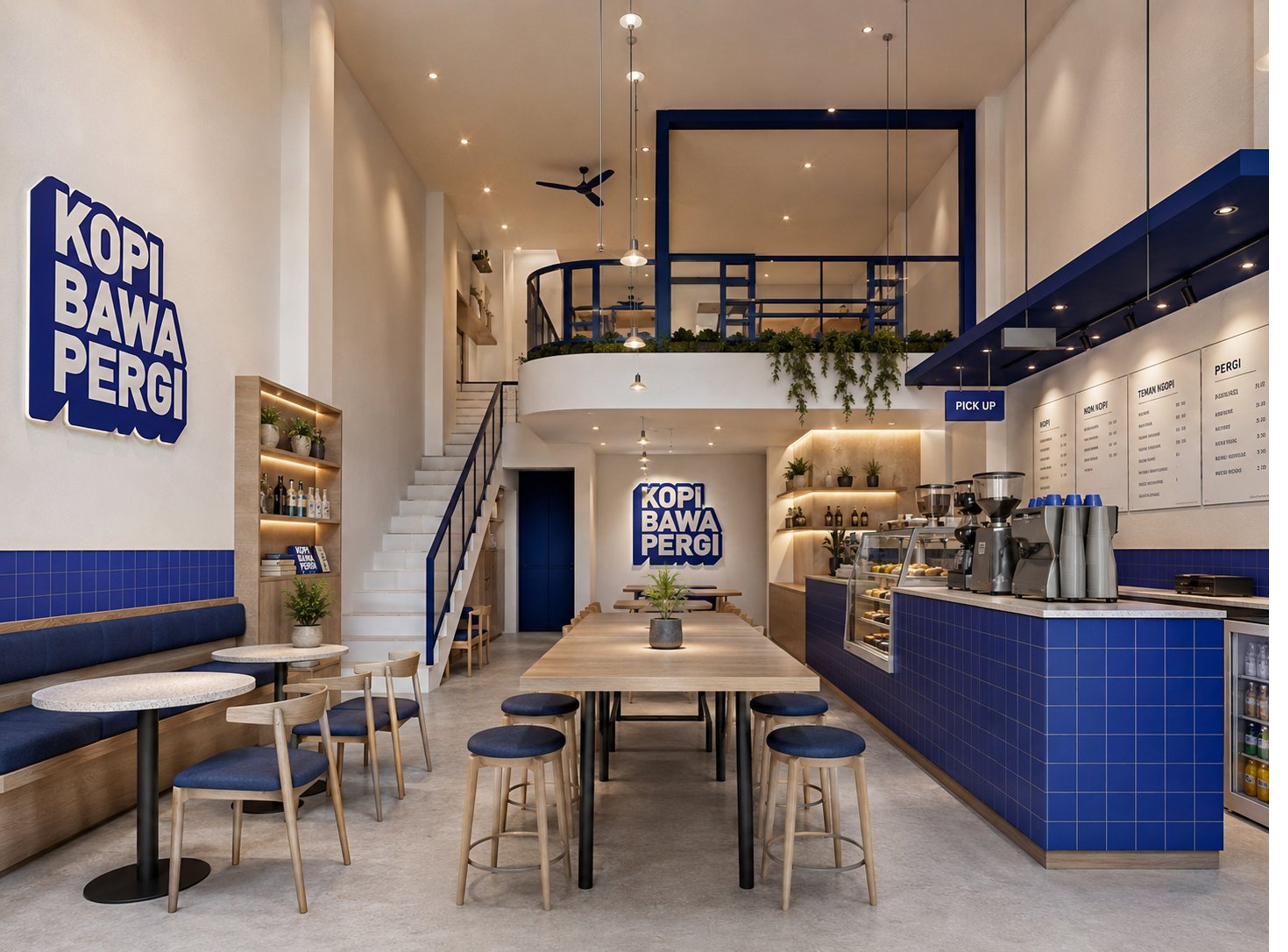 Interior outlet Kopi Bawa Pergi dengan suasana modern, hangat, dan instagrammable
