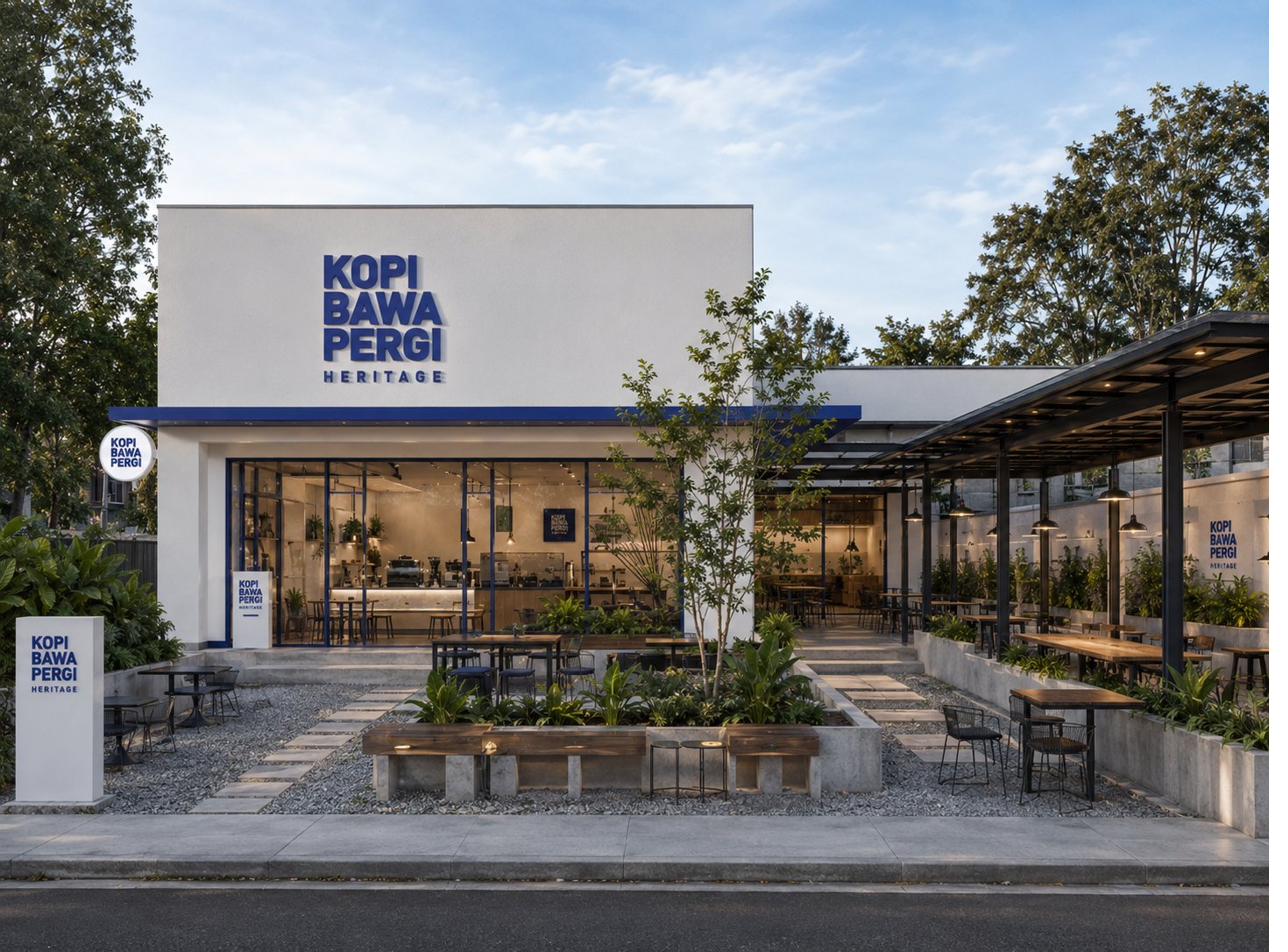 Konsep outlet Heritage Kopi Bawa Pergi sd 200 m² - flagship store dengan exterior premium